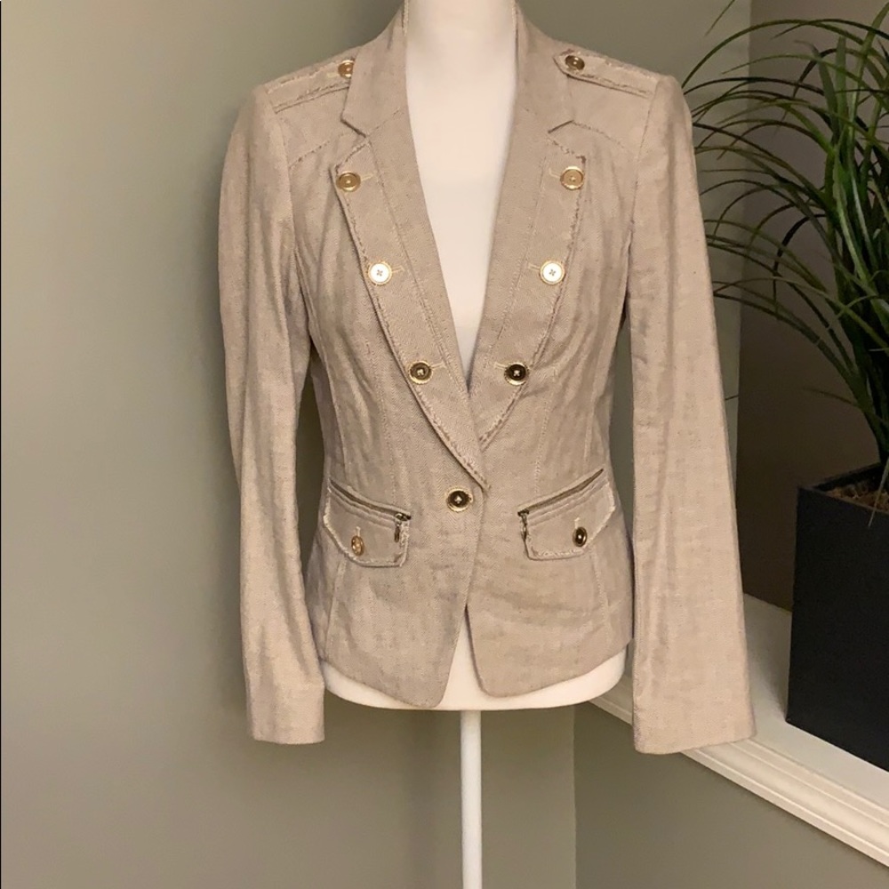 Tan and white seersucker print blazer